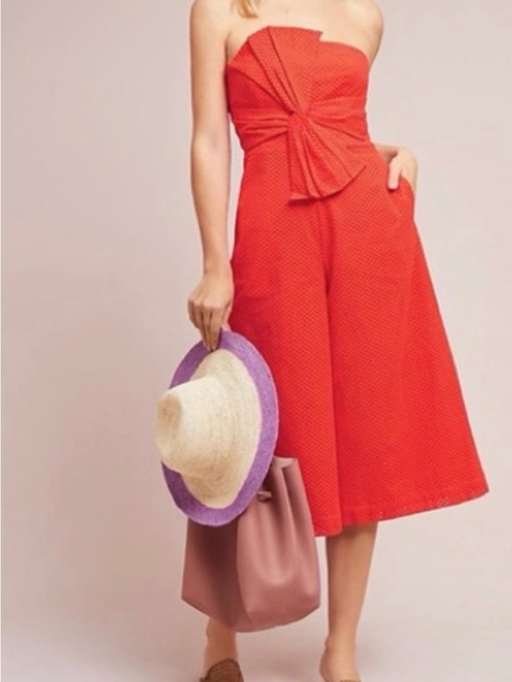 Anthropologie Strapless Red Wide-Leg Jumpsuit with Front Twist